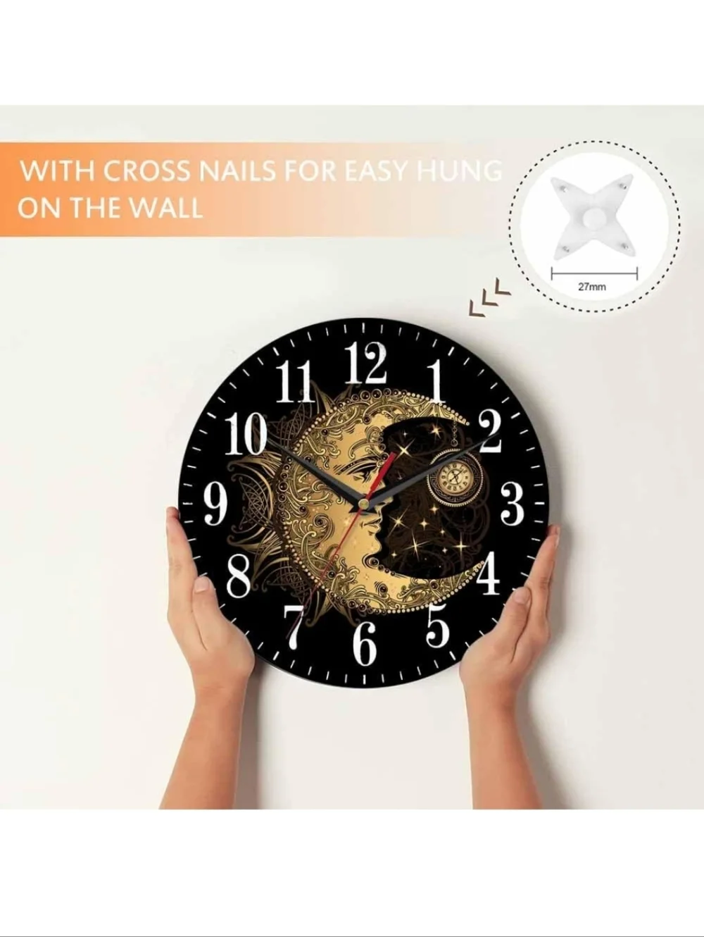 Gold Moonface Decorative Wall Clock - Black